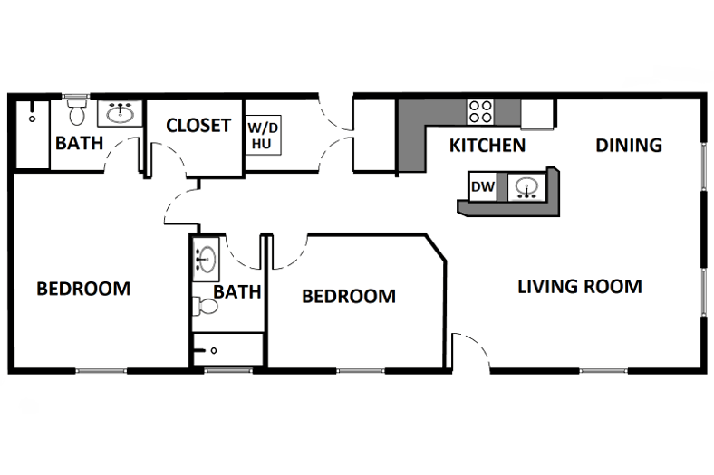 Floor plan for 2 beds, 2 baths, 965 sqft